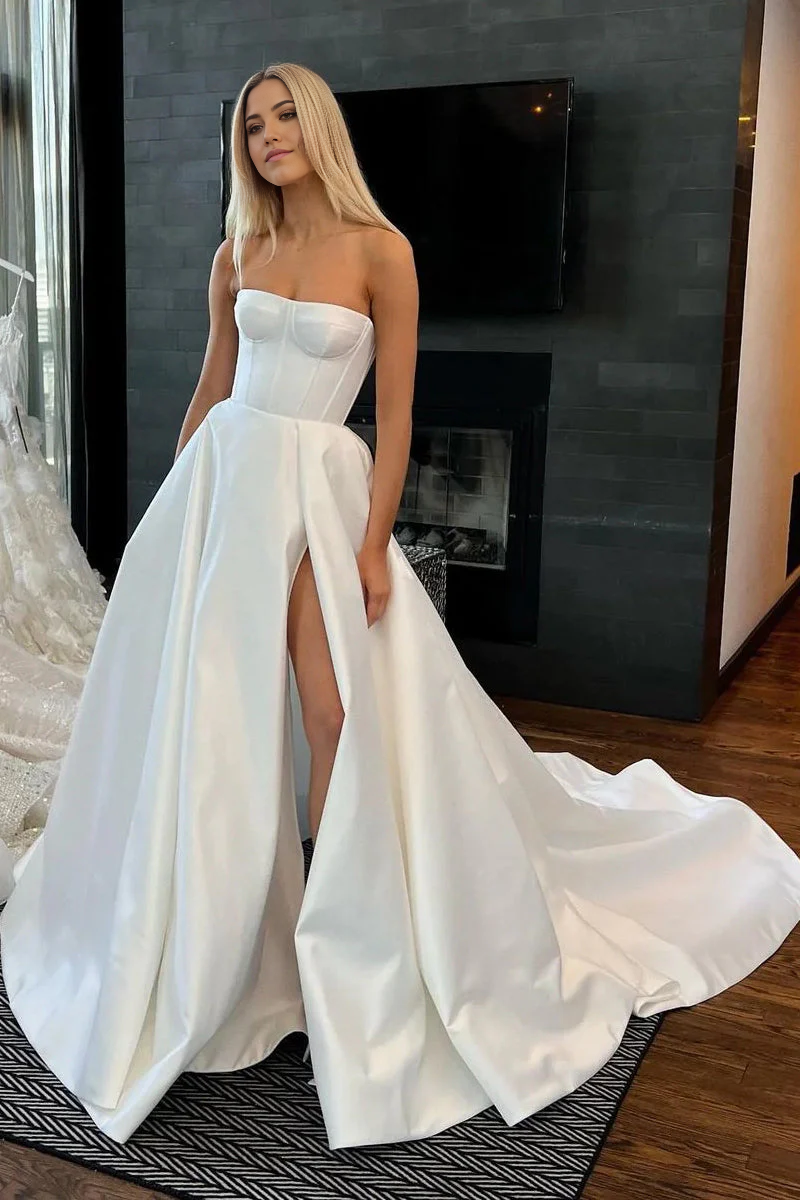 Vestidos de novia de satén sin tirantes, corte A y abertura